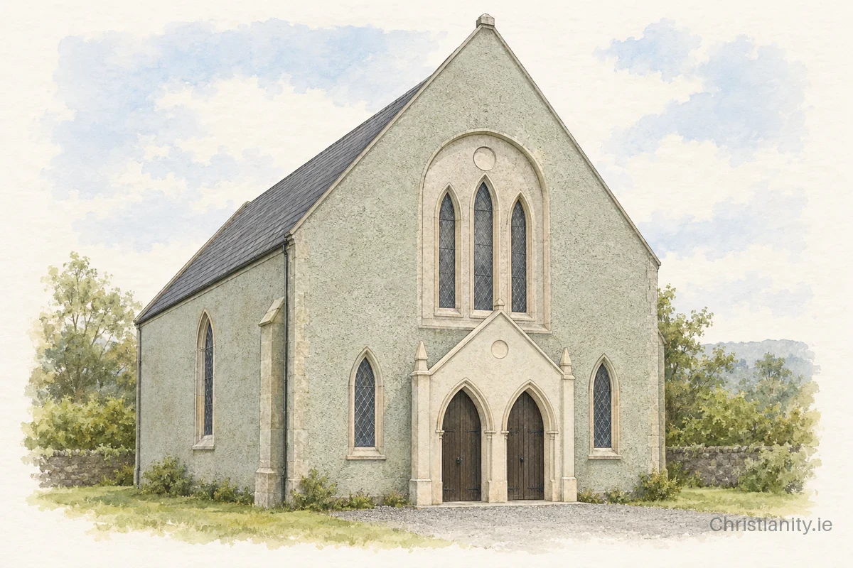 Watercolour and ink illustration of Harryville Presbyterian Church