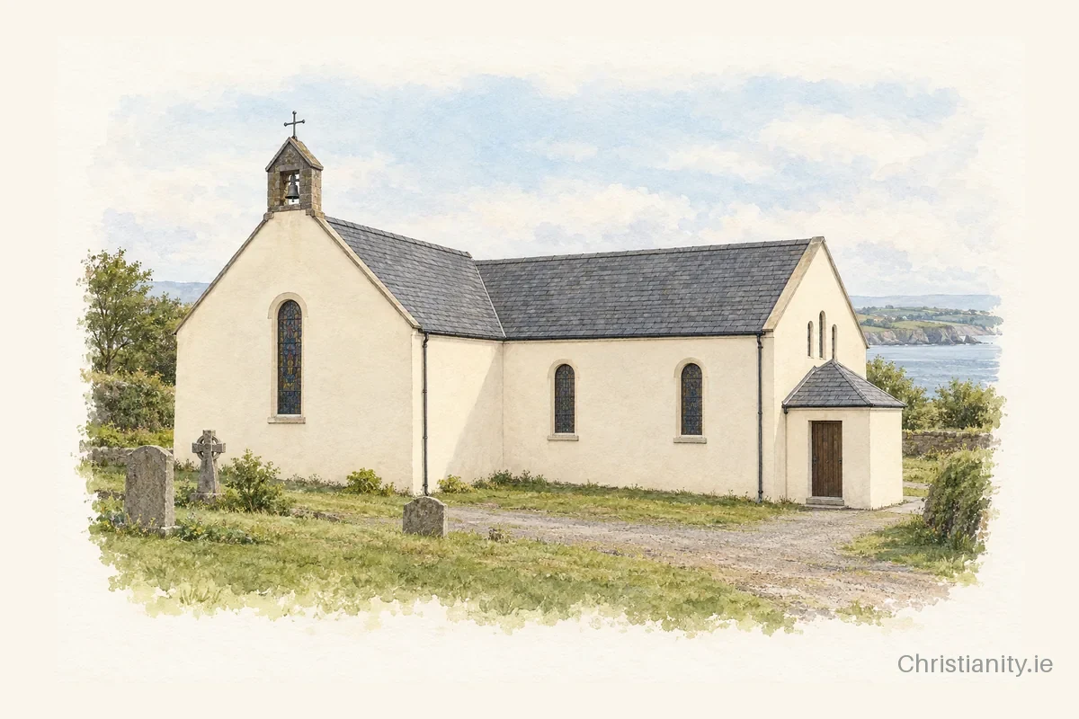 Watercolour and ink illustration of Holy Cross Church, Killea