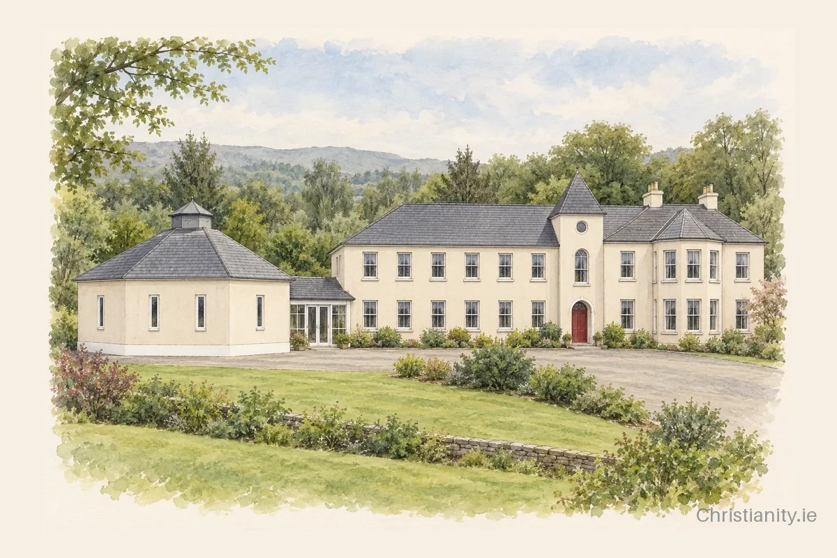 Watercolour and ink illustration of Holy Family Mission, Glencomeragh