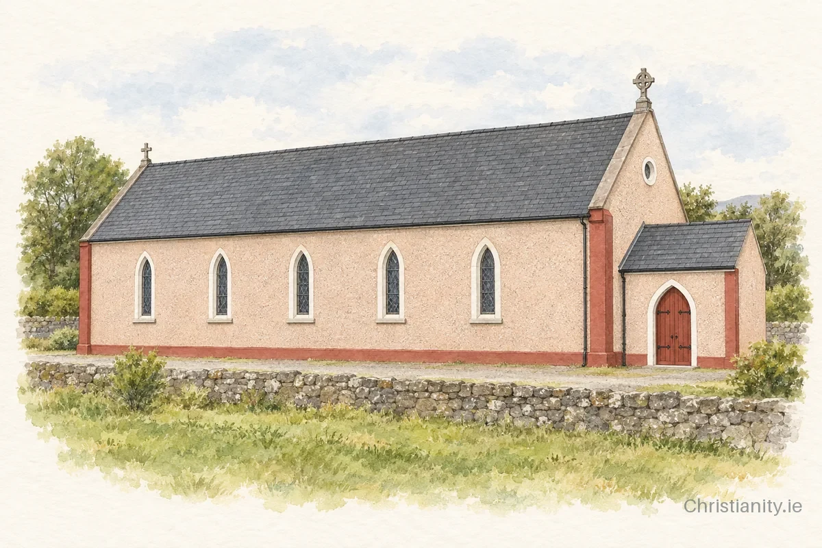 Watercolour and ink illustration of Holy Rosary Church, Glenisland