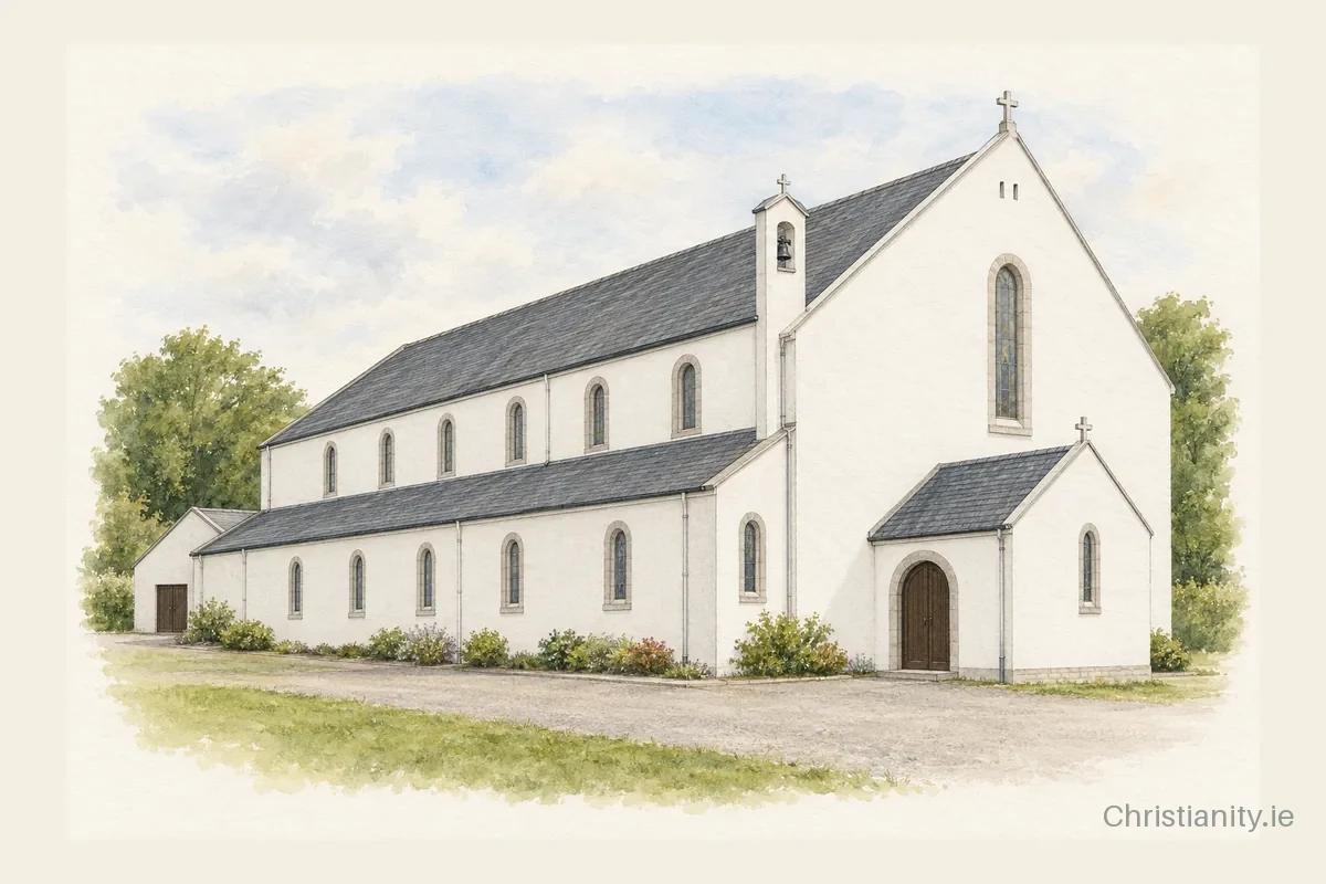 Watercolour and ink illustration of Holy Rosary Church, Gneeveguilla