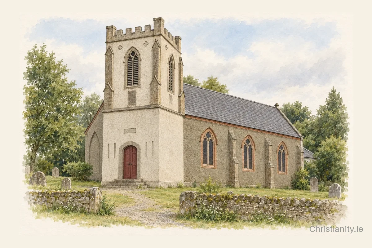 Watercolour and ink illustration of Innislounagh St Patrick (Marlfield)