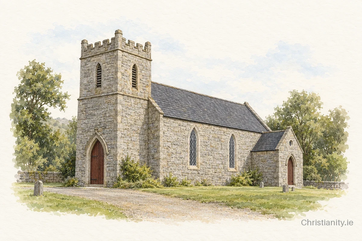 Watercolour and ink illustration of Kilbride (Cloughleagh)