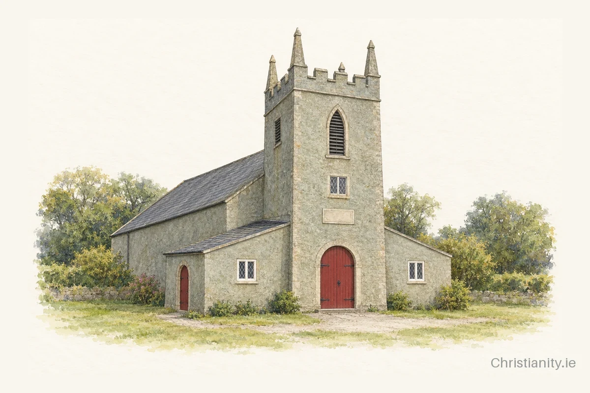 Watercolour and ink illustration of Kilcormack St Cormac