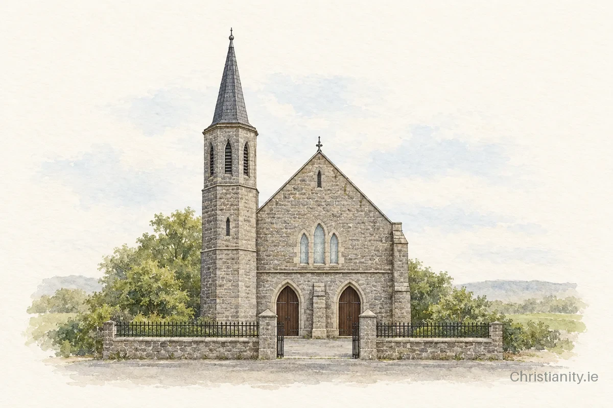 Watercolour and ink illustration of Kilkeel Presbyterian Church