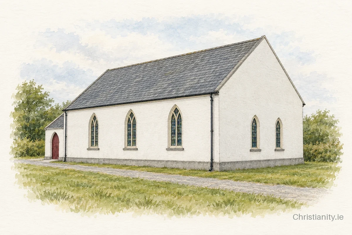 Watercolour and ink illustration of Killala Presbyterian Church