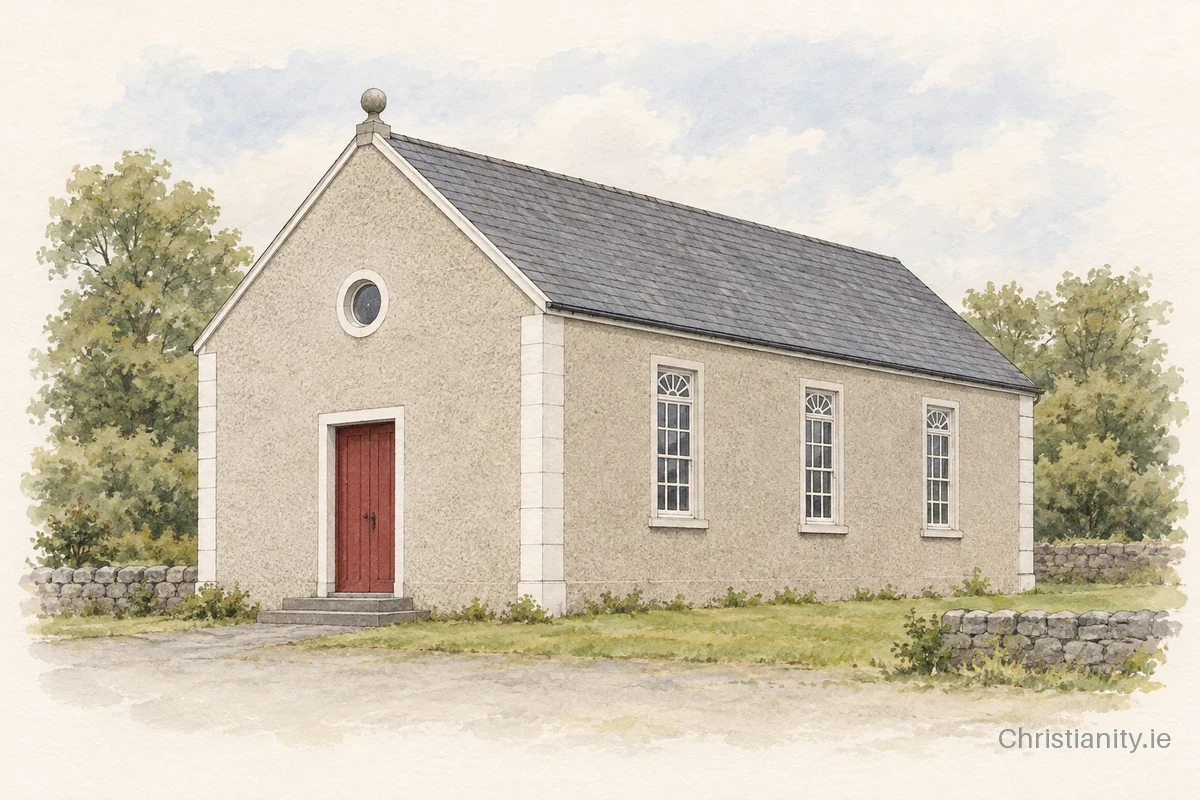 Watercolour and ink illustration of Killeshandra Presbyterian Church