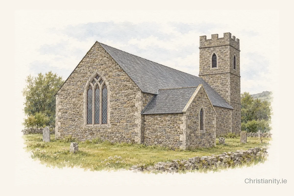 Watercolour and ink illustration of Killiney St Brendan (Castlegregory)