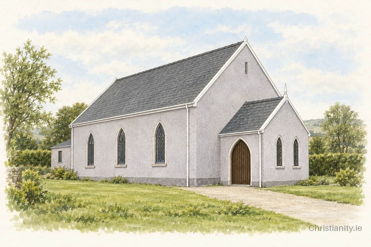 Watercolour and ink illustration of Killymaddy Methodist Church