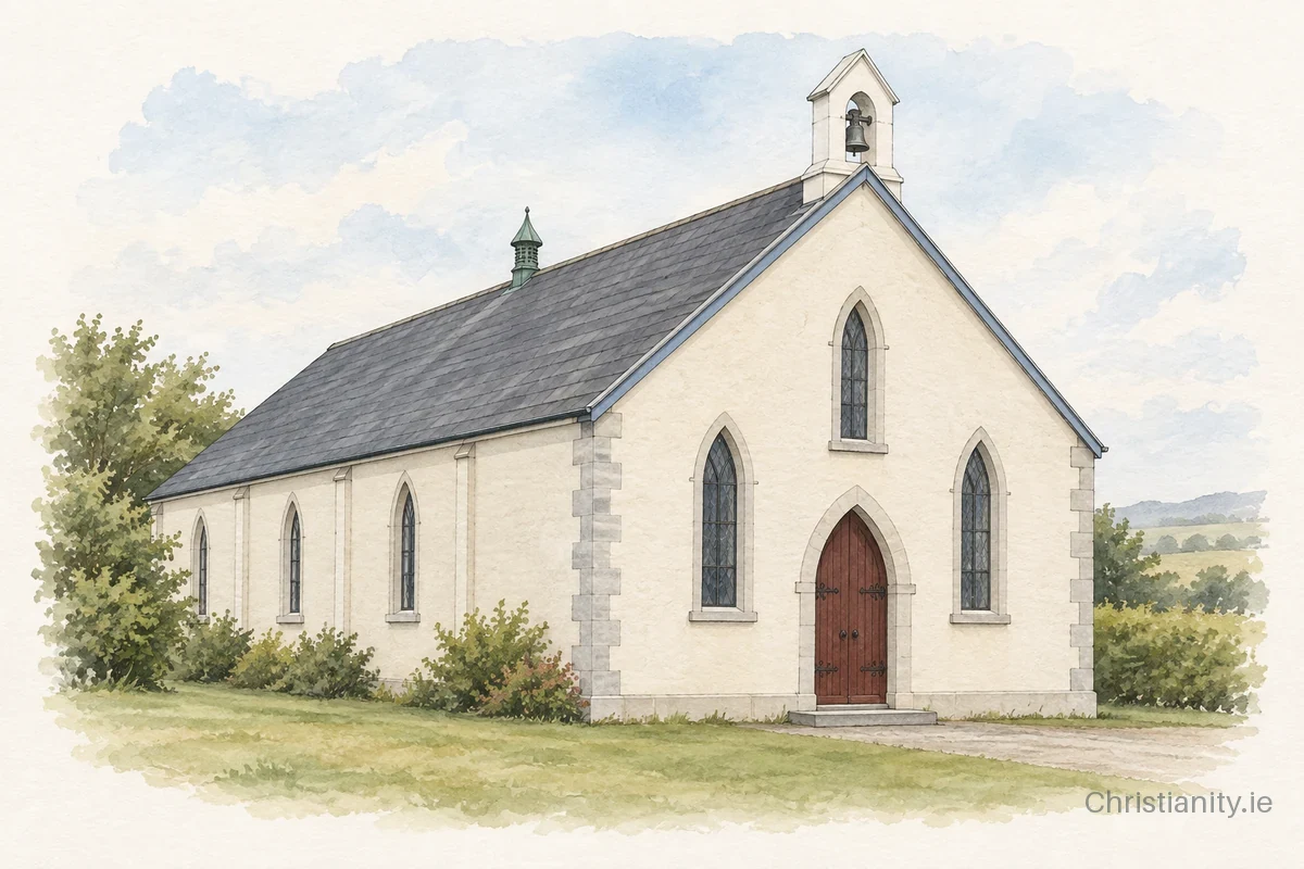 Watercolour and ink illustration of Killymurris Presbyterian Church