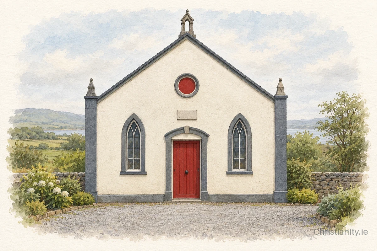 Watercolour and ink illustration of Kilmacrennan Presbyterian Church