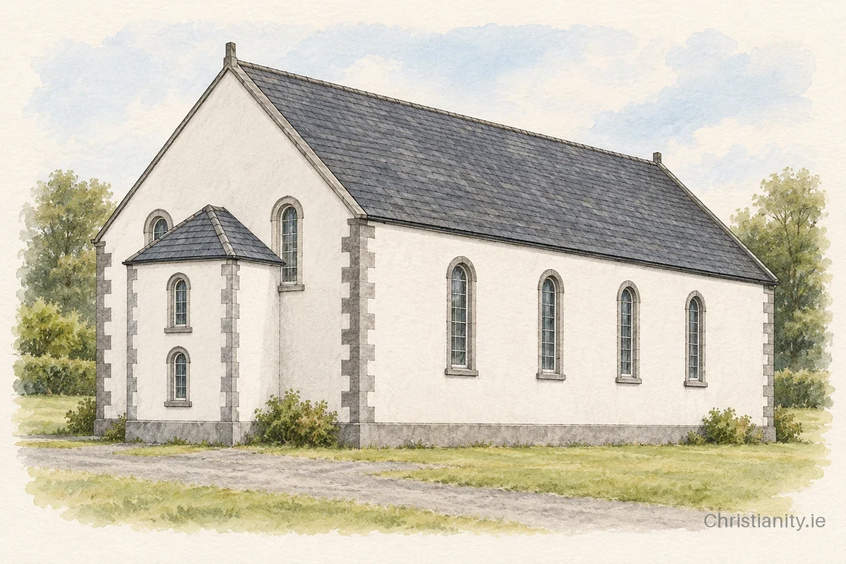 Watercolour and ink illustration of Kilmount Presbyterian Church