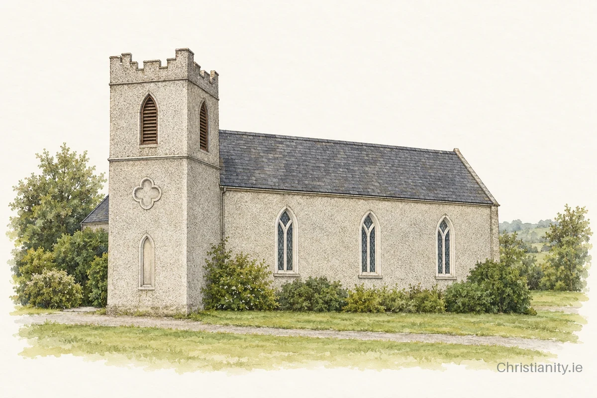 Watercolour and ink illustration of Kilnahue St John Evangelist (Hollyfort)