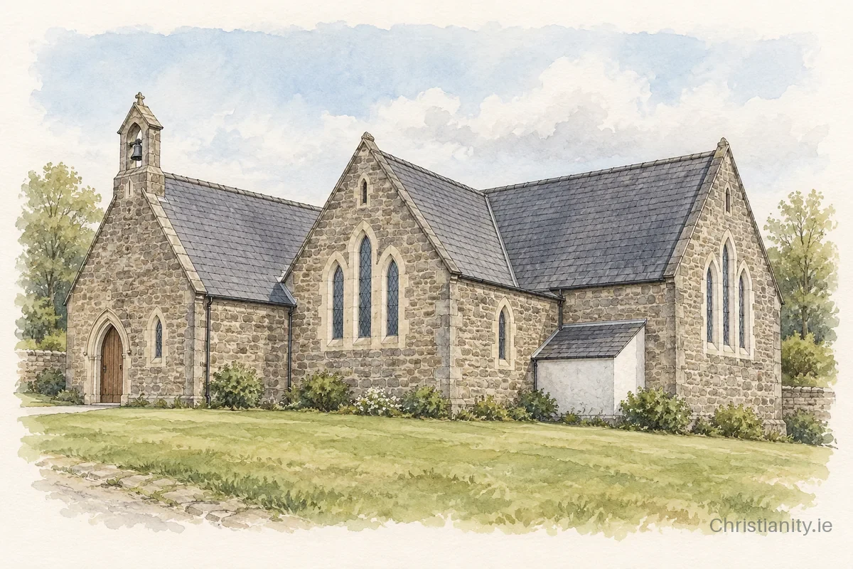 Watercolour and ink illustration of Kilwarlin Upper St John (Corcreeny)