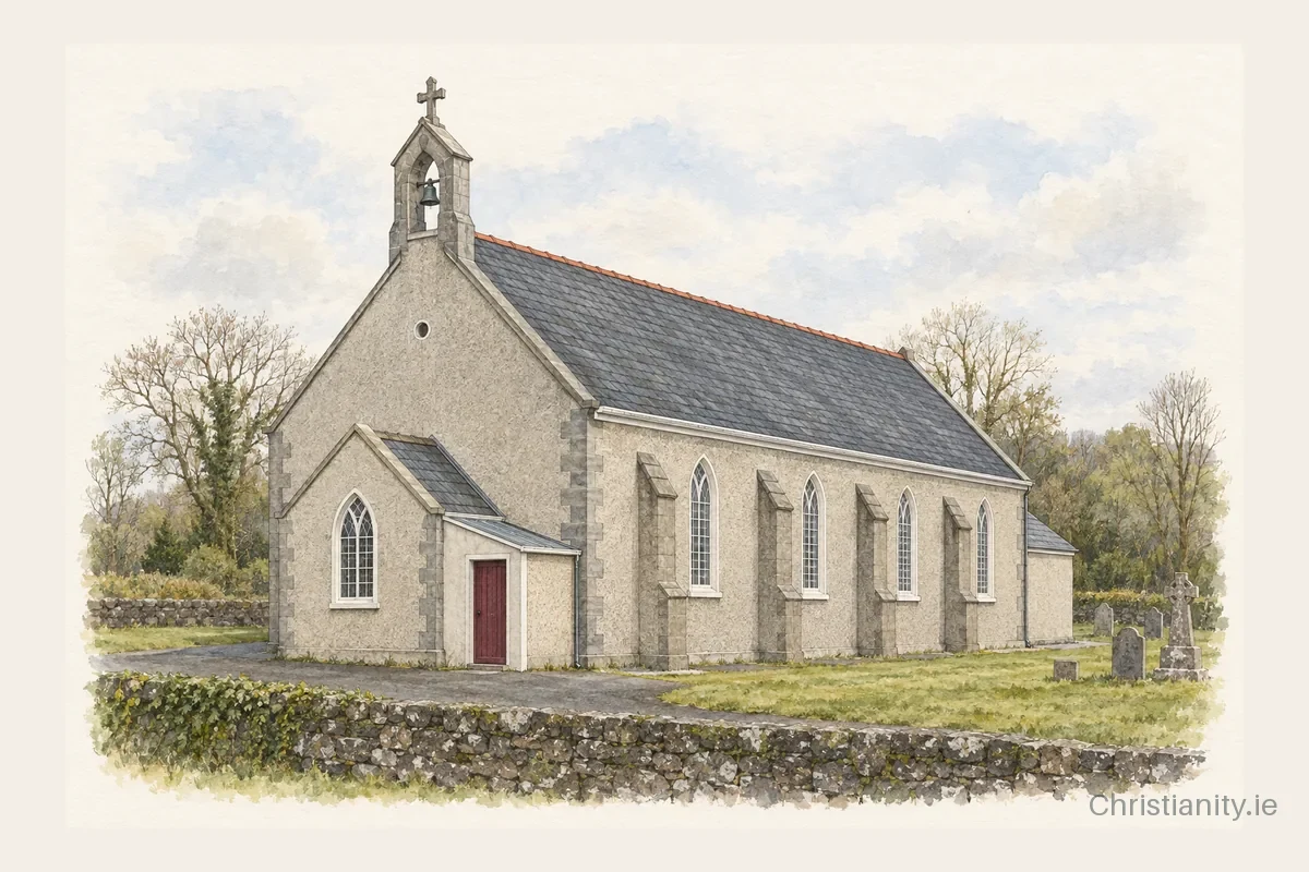Watercolour and ink illustration of Kilwatermoy Church