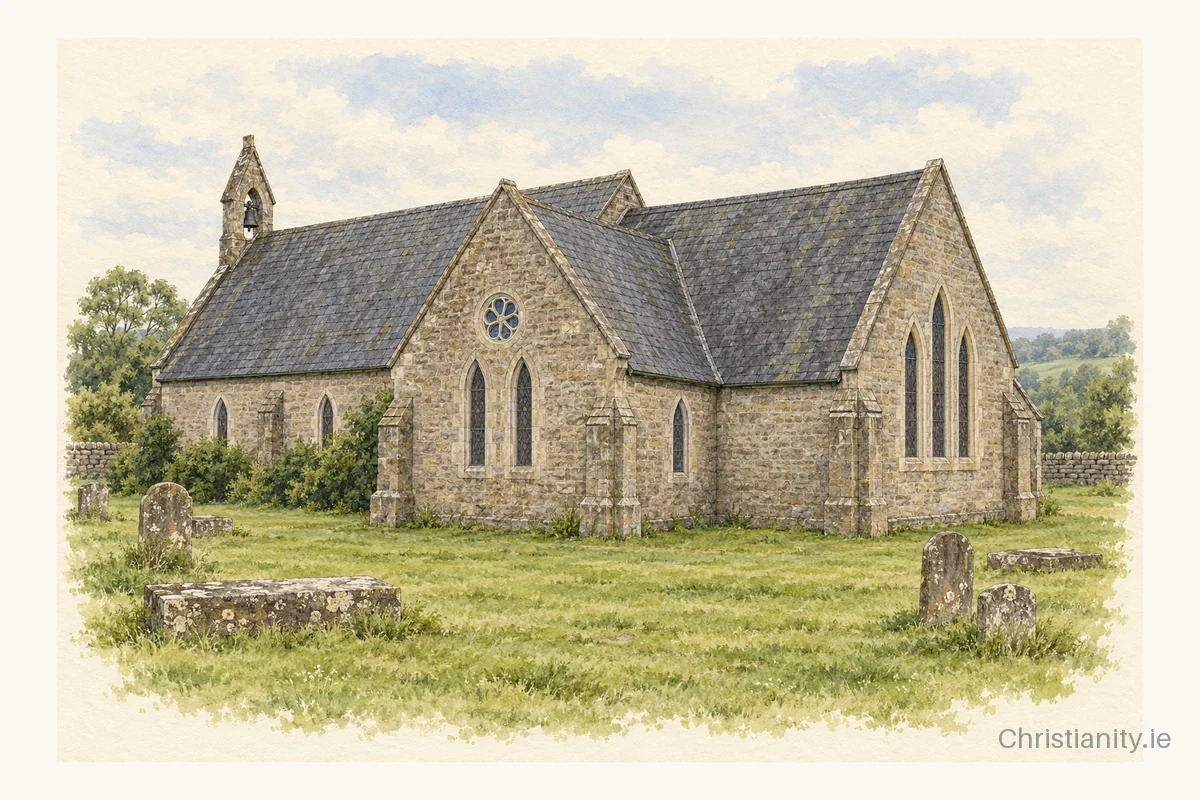 Watercolour and ink illustration of Kinnitty St Finnian