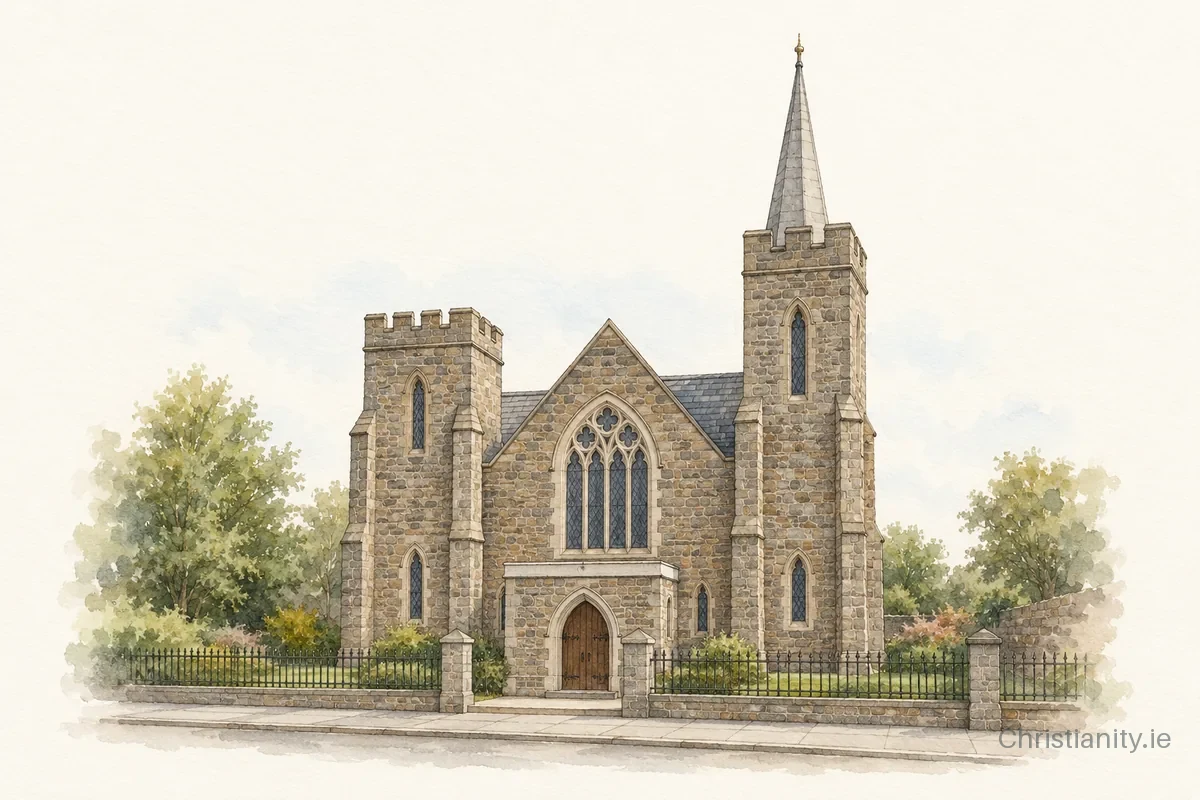 Watercolour and ink illustration of Kirkpatrick Memorial Presbyterian Church