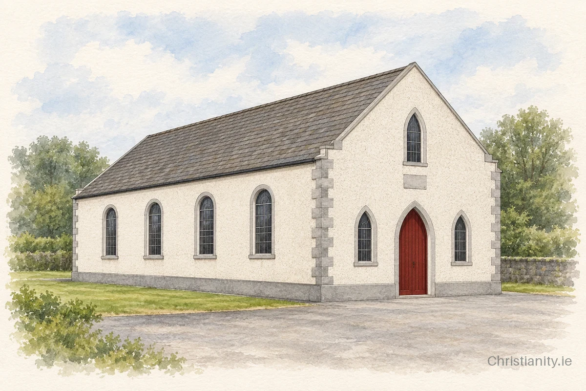 Watercolour and ink illustration of Knappagh Presbyterian Church