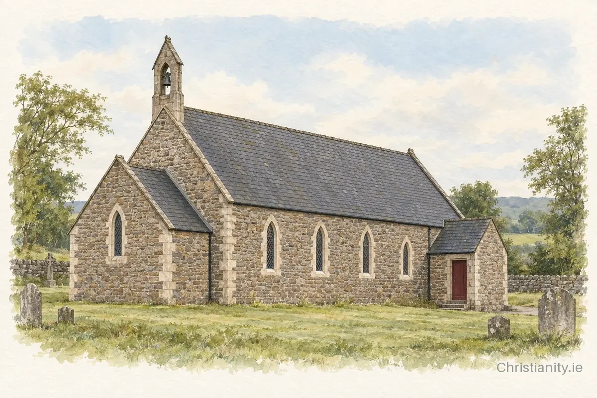 Watercolour and ink illustration of Knocknamuckley St Matthias (Ballygargan)