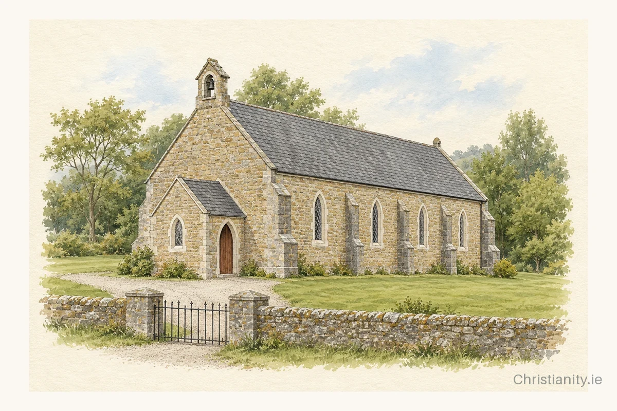 Watercolour and ink illustration of Lacca Church