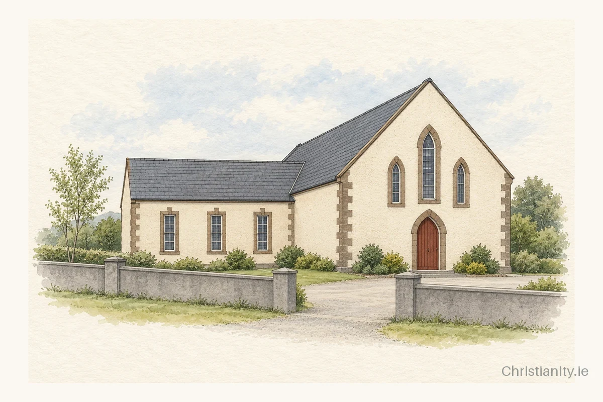 Watercolour and ink illustration of Largy Presbyterian Church