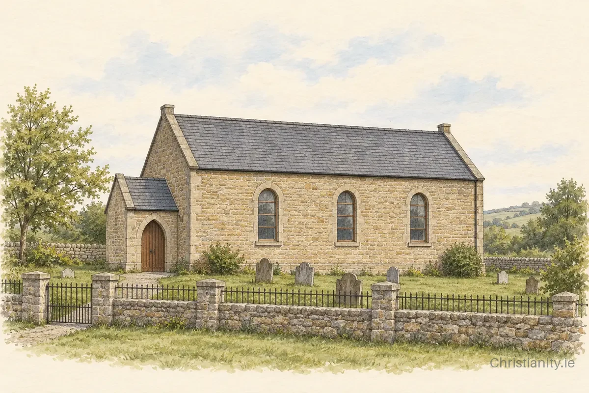 Watercolour and ink illustration of Lisnagleer Baptist Church