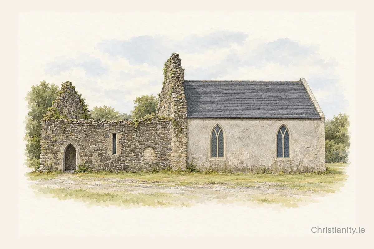 Watercolour and ink illustration of Lorrha St Ruadhan