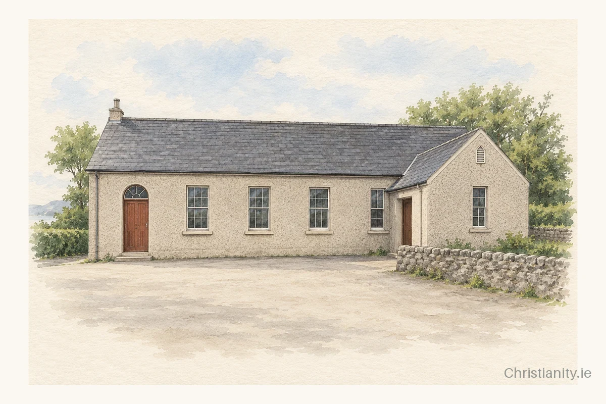 Watercolour and ink illustration of Loughmorne Presbyterian Church