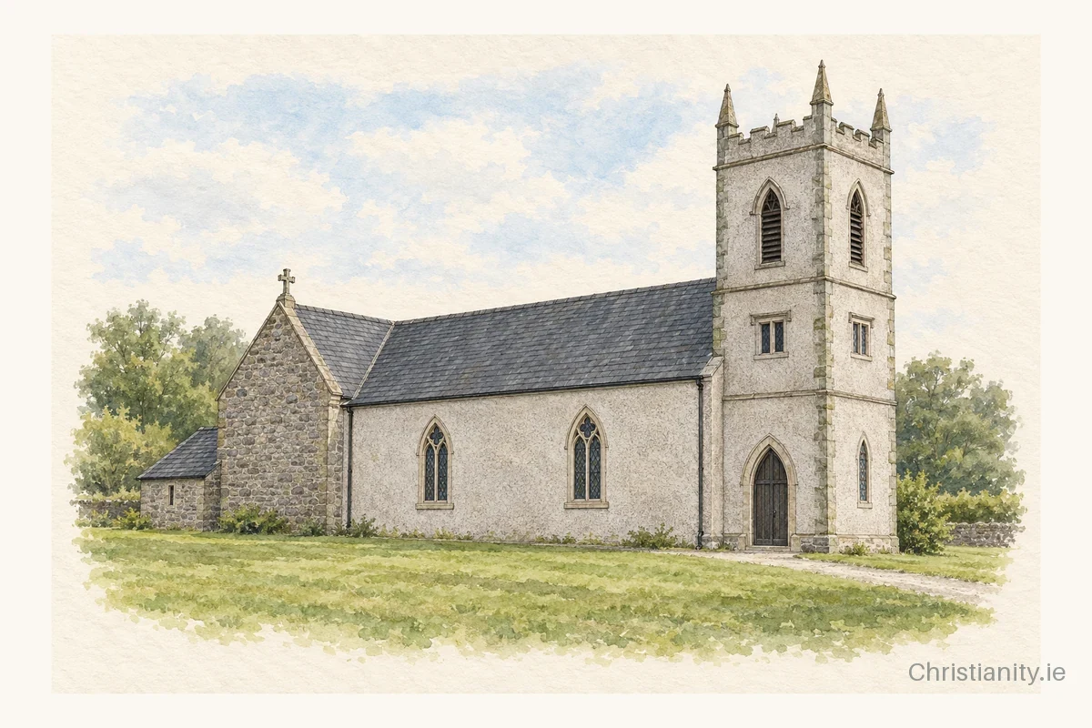 Watercolour and ink illustration of Magheracloone St Molua
