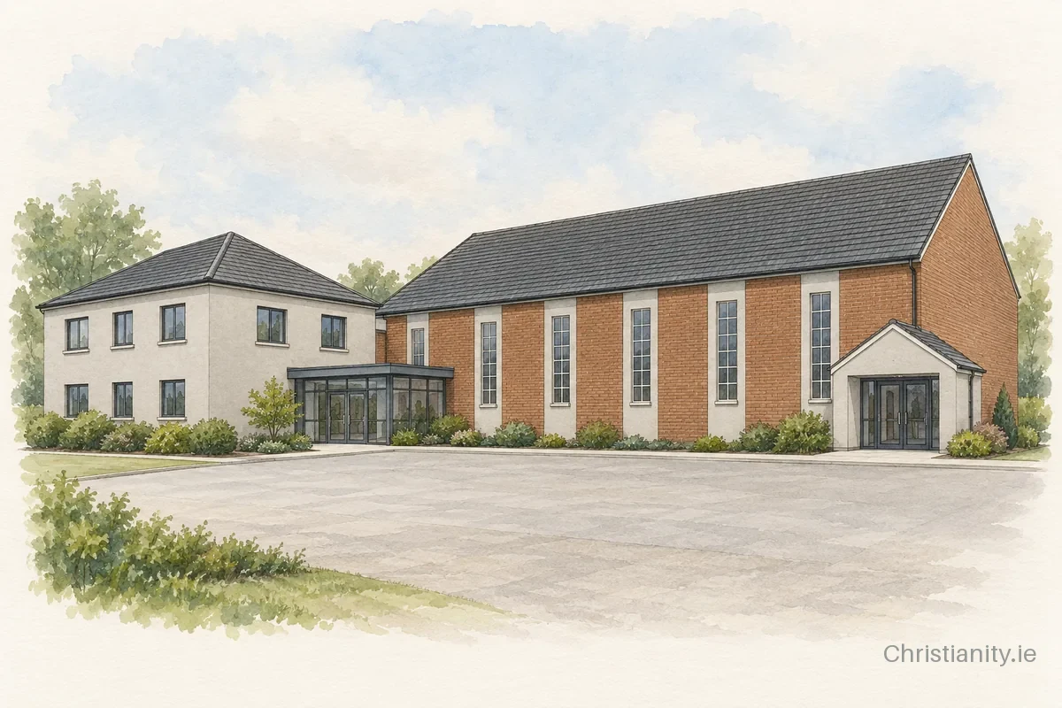 Watercolour and ink illustration of Moira Baptist Church