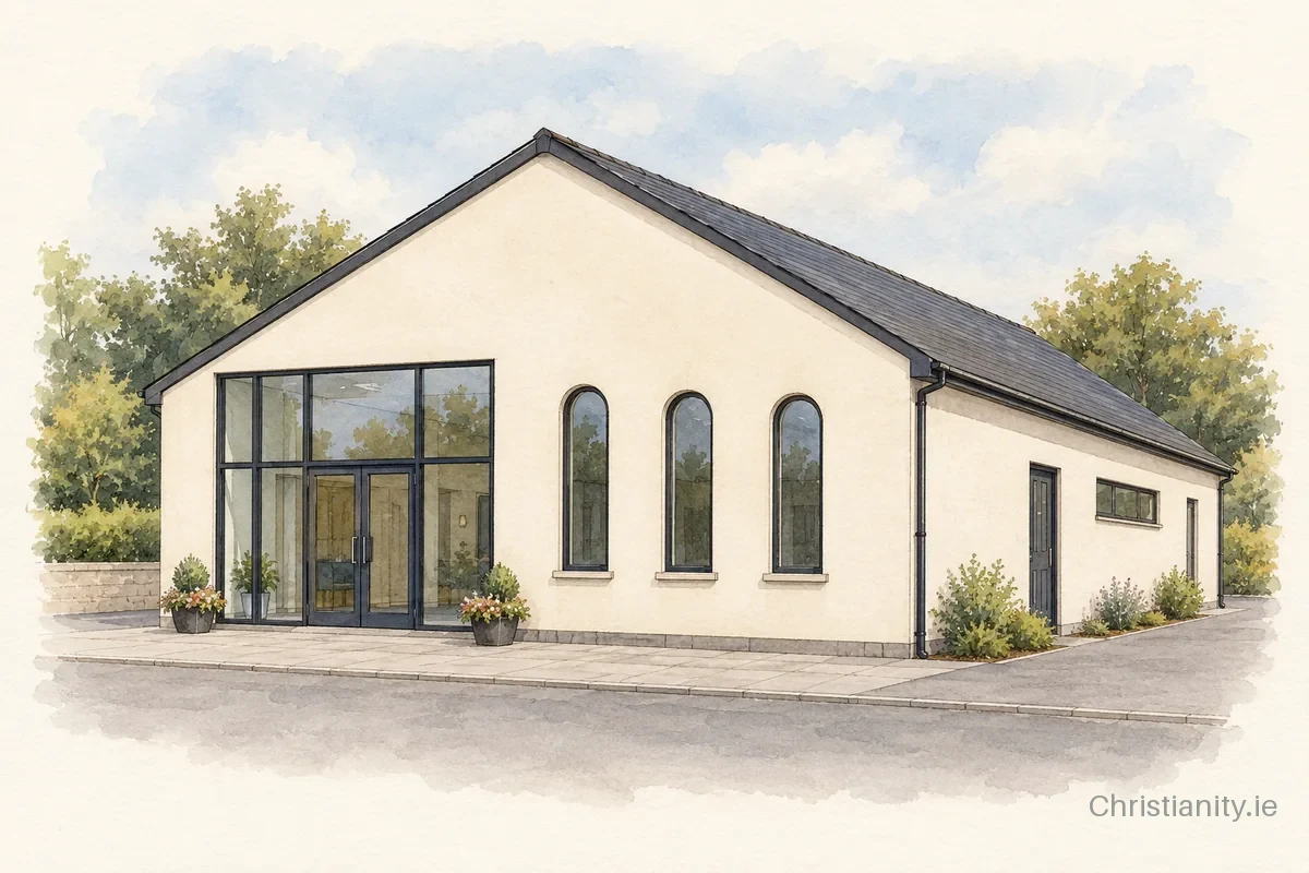 Watercolour and ink illustration of Moira Methodist Church