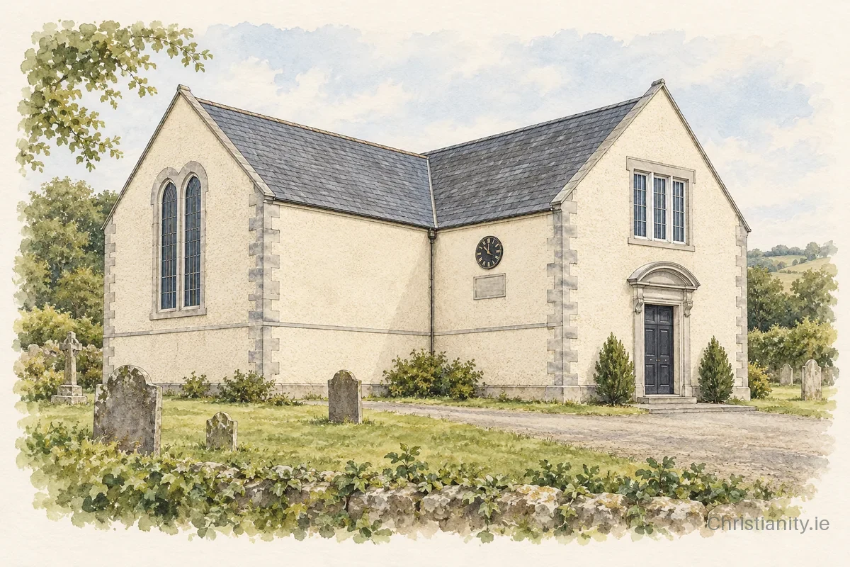 Watercolour and ink illustration of Moneyreagh Non-Subscribing Presbyterian Church