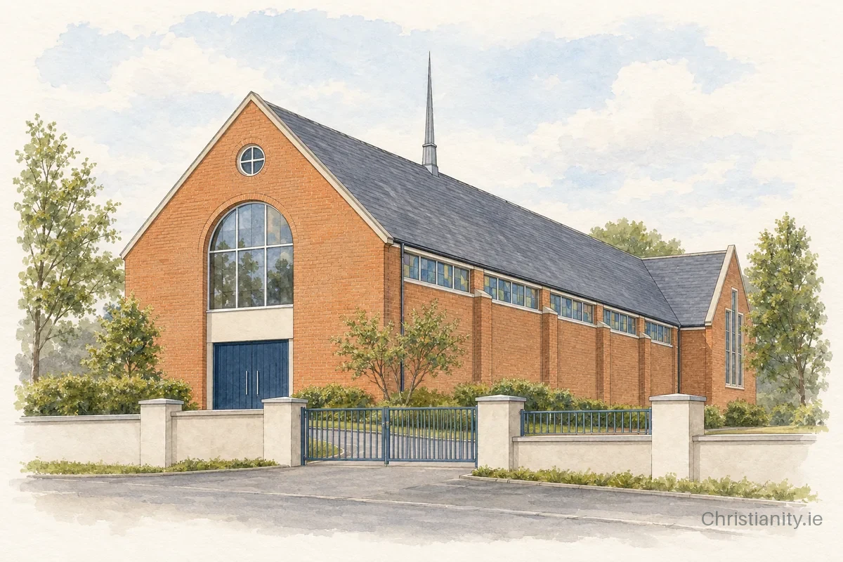 Watercolour and ink illustration of Movilla Presbyterian Church