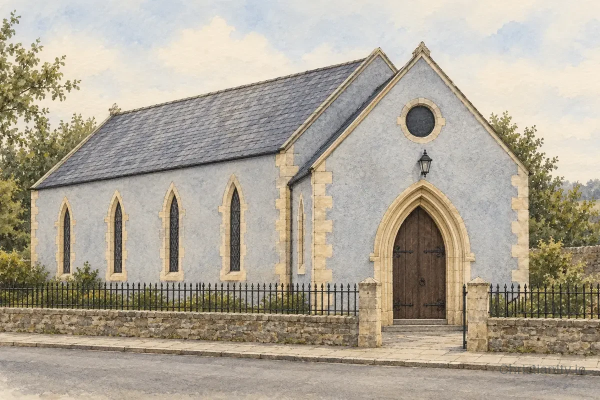 Watercolour and ink illustration of Moy Presbyterian Church