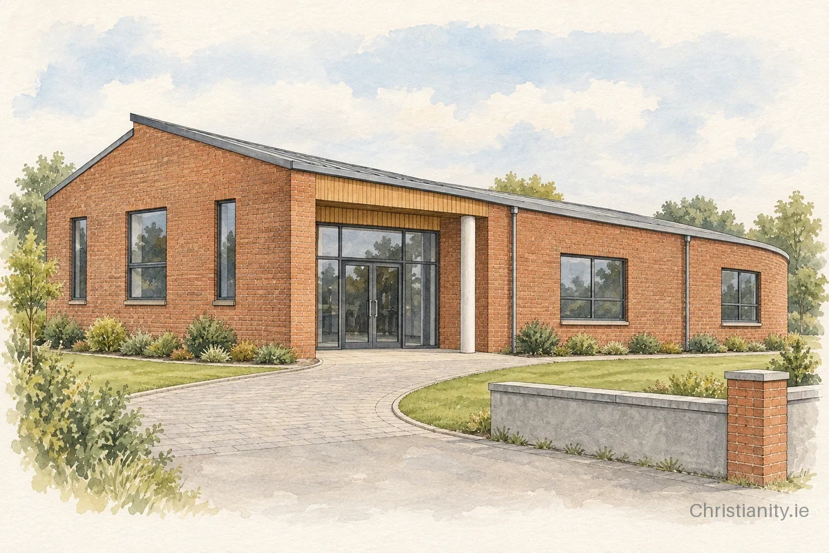 Watercolour and ink illustration of Mullingar Presbyterian Church