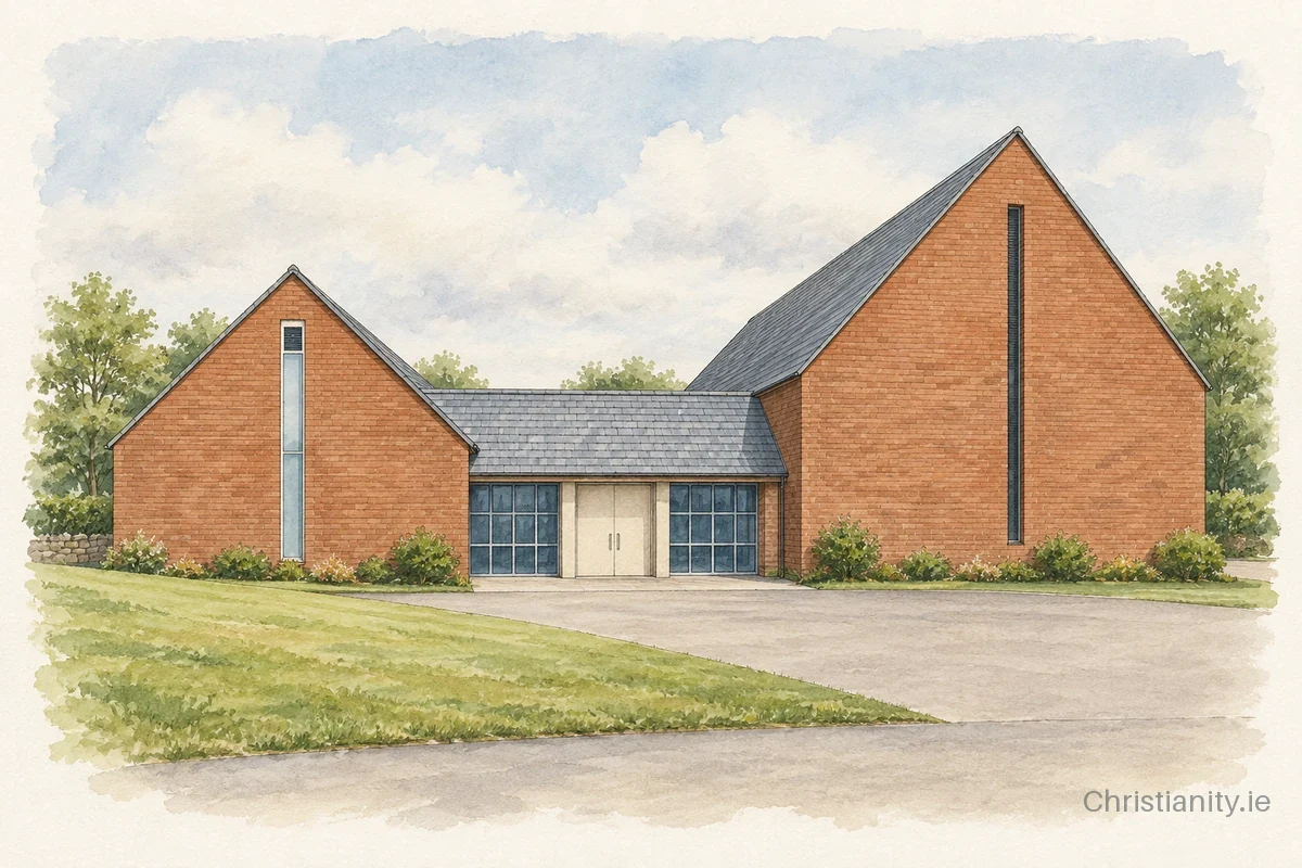 Watercolour and ink illustration of New Mossley Presbyterian Church