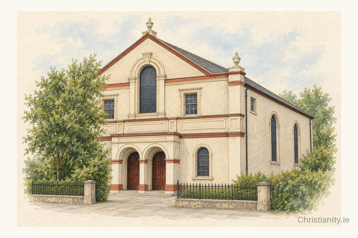 Watercolour and ink illustration of New Row Presbyterian Church