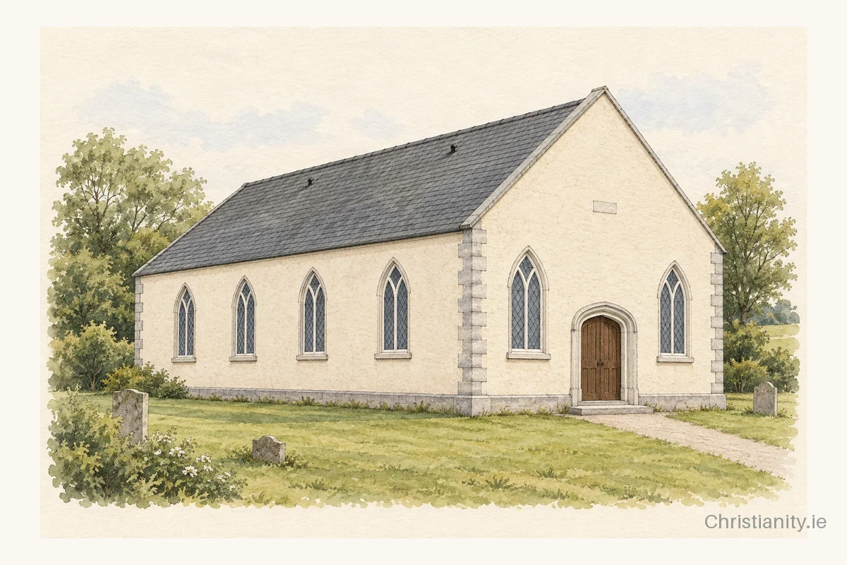 Watercolour and ink illustration of Newbliss Presbyterian Church