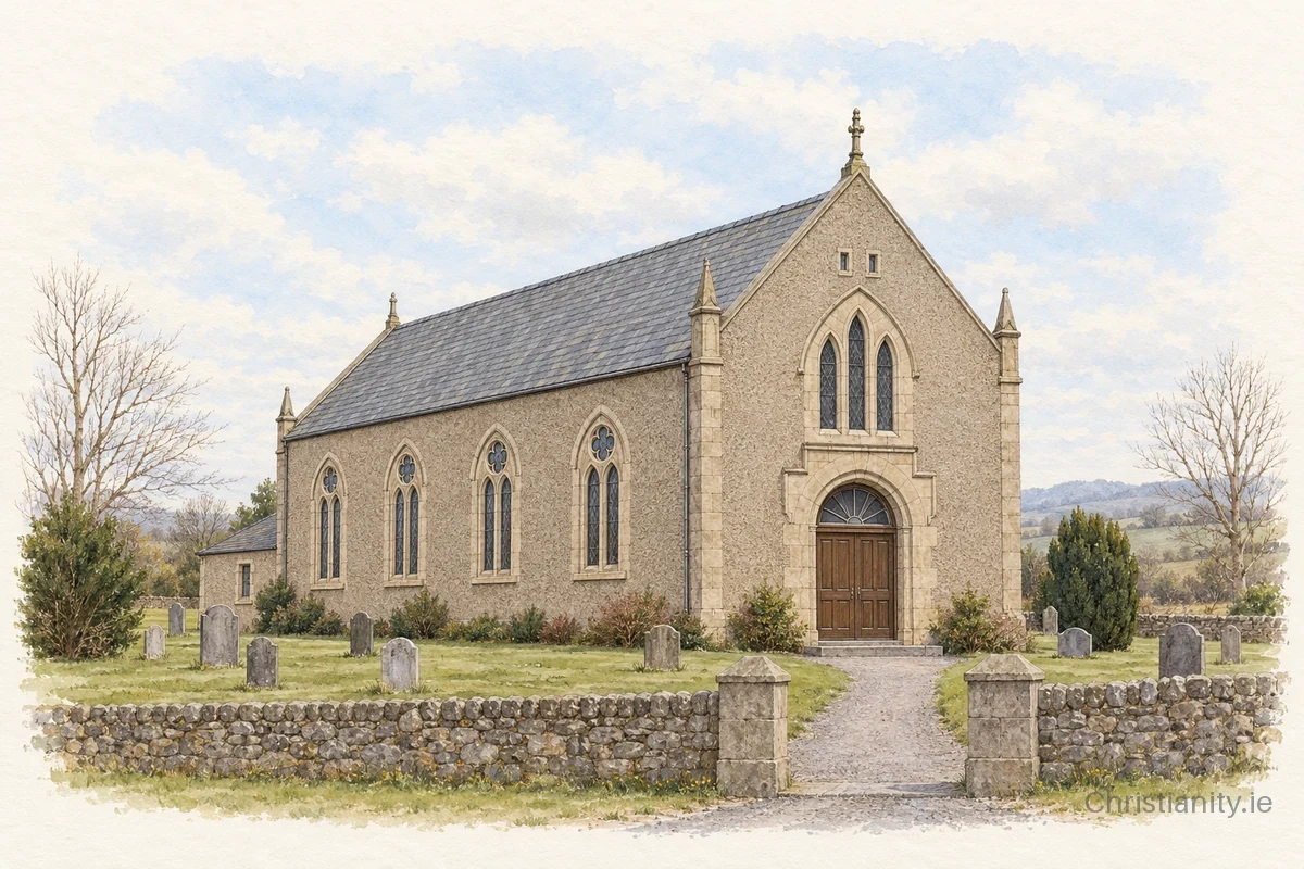 Watercolour and ink illustration of Newmills (Co Tyrone) Presbyterian Church