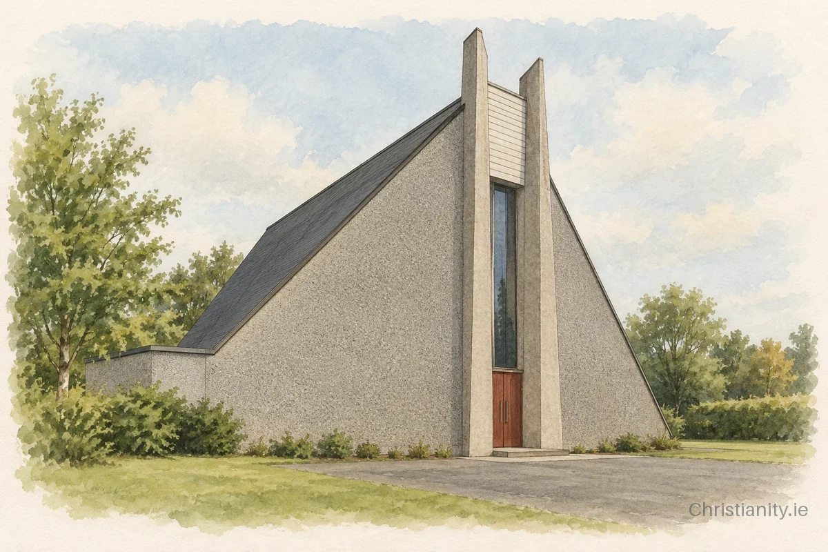Watercolour and ink illustration of Newtownabbey Free Presbyterian Church