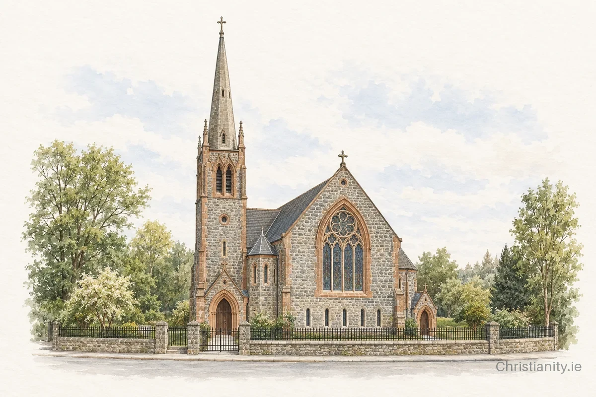 Watercolour and ink illustration of Newtownbreda Presbyterian Church