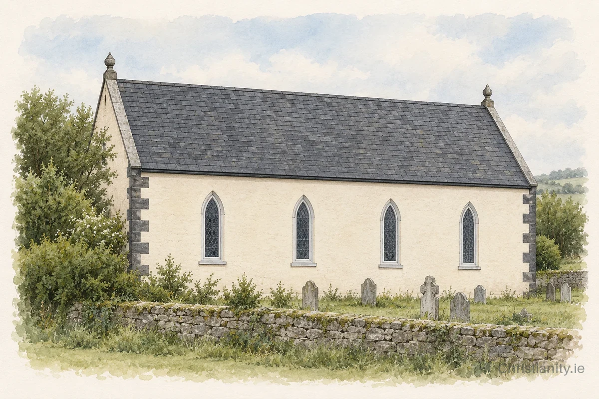 Watercolour and ink illustration of Newtowncrommelin Presbyterian Church