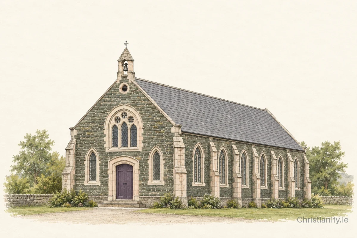 Watercolour and ink illustration of Newtowncunningham Presbyterian Church