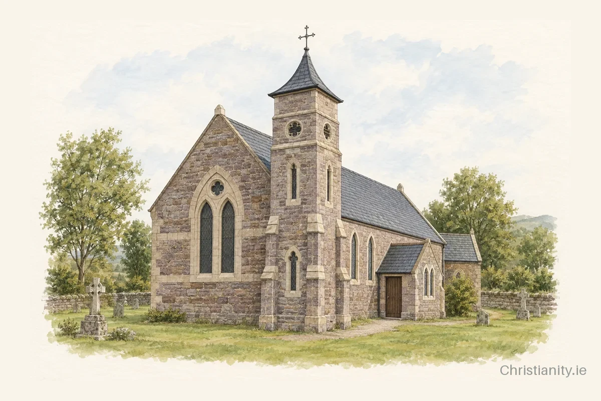 Watercolour and ink illustration of Nire Church
