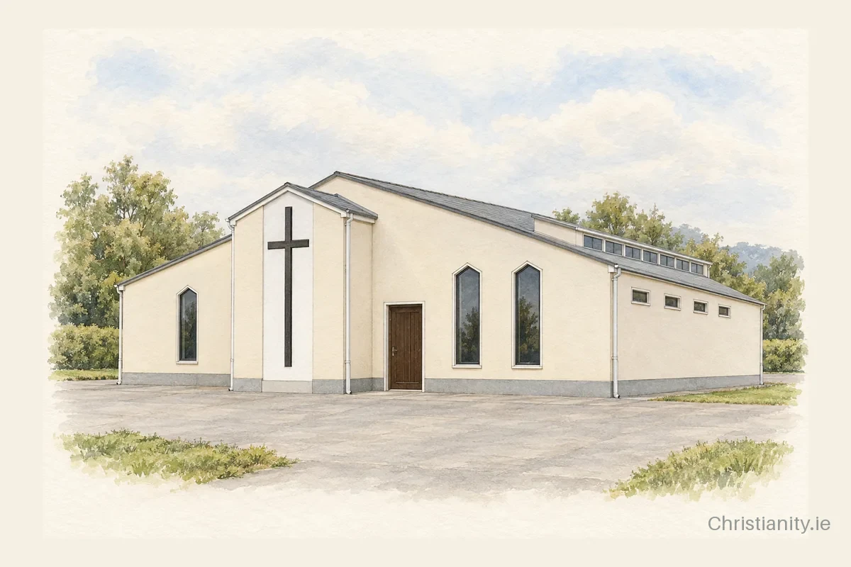 Watercolour and ink illustration of Our Lady and Saint Kevin, Littleton