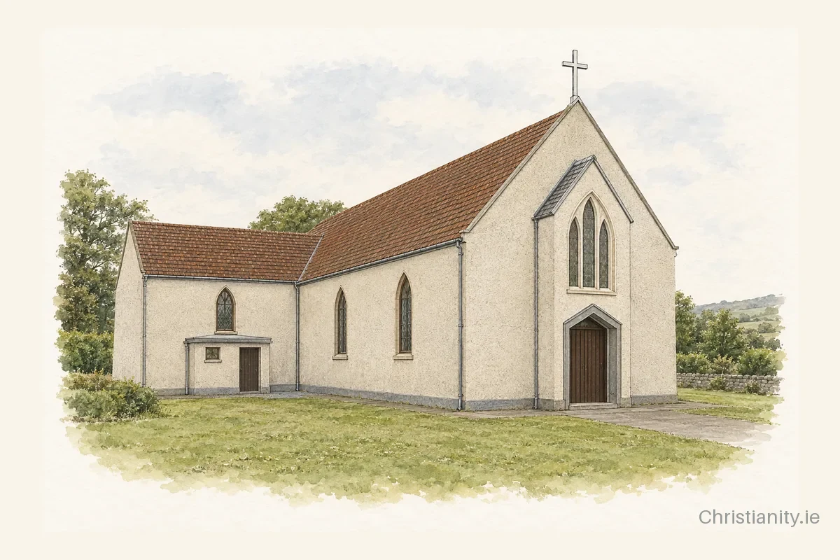 Watercolour and ink illustration of Our Lady of Fatima and St. Senan, Irremore