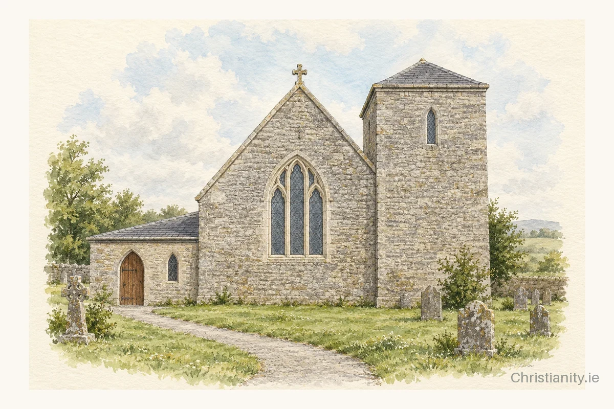 Watercolour and ink illustration of Our Lady of the Assumption, Bulgaden