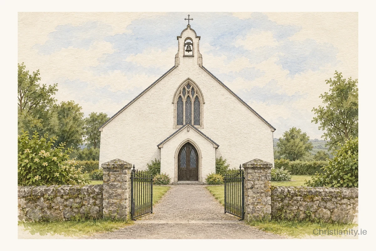Watercolour and ink illustration of Our Lady of the Snows, Broadford