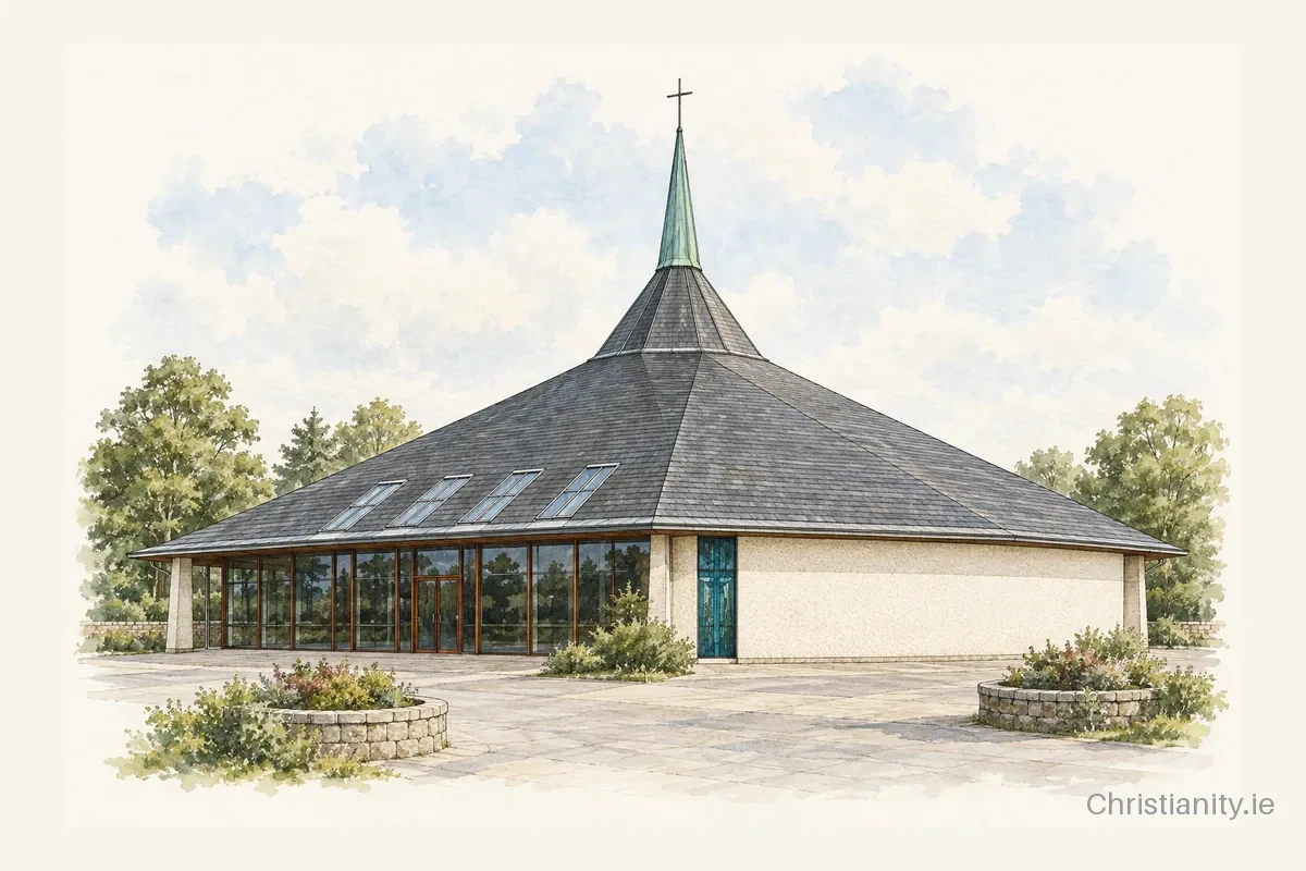Watercolour and ink illustration of Our Lady Queen of Ireland Church, Rathcabbin