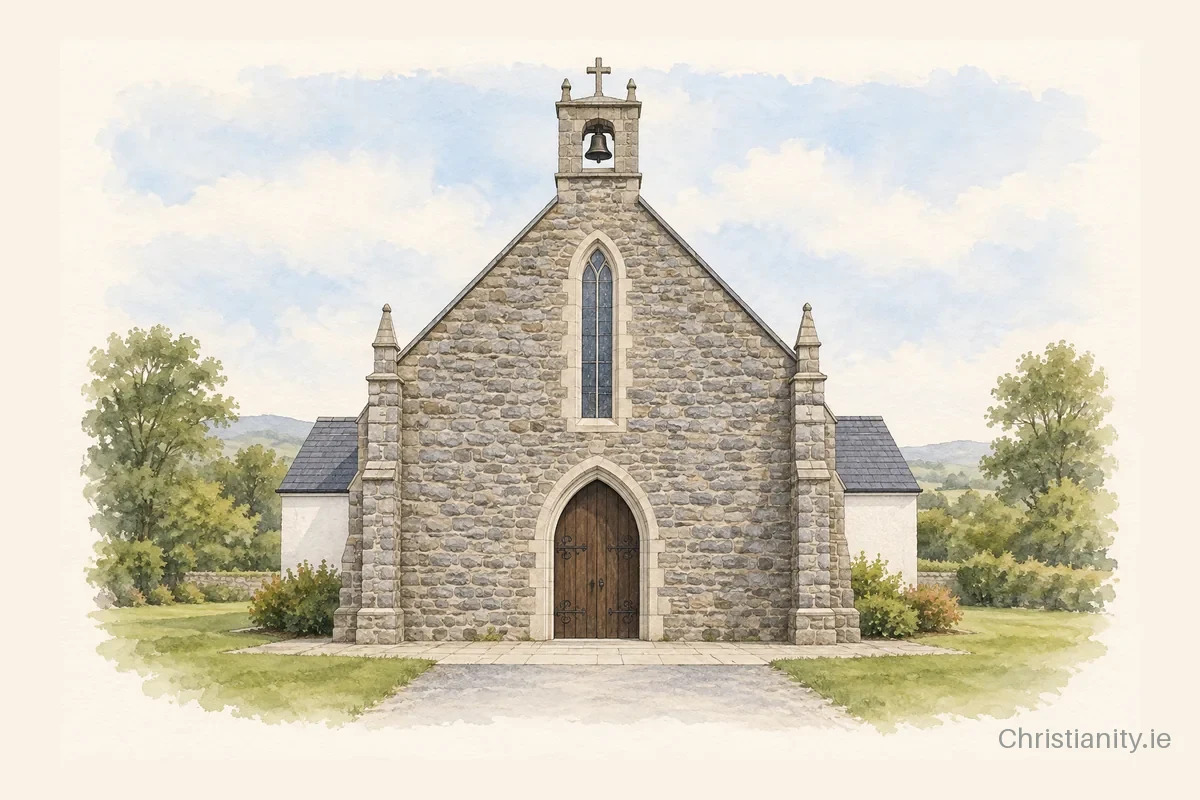 Watercolour and ink illustration of Our Lady & St Patrick, Puckane